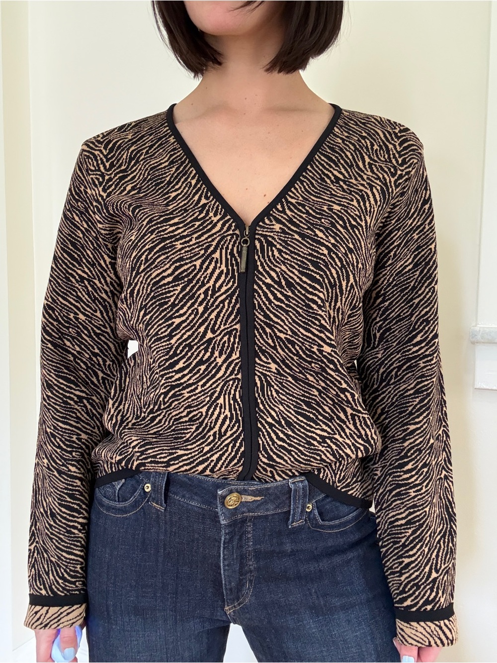 Grace Zip Up Black and Tan Zebra Print V-Neck Top L